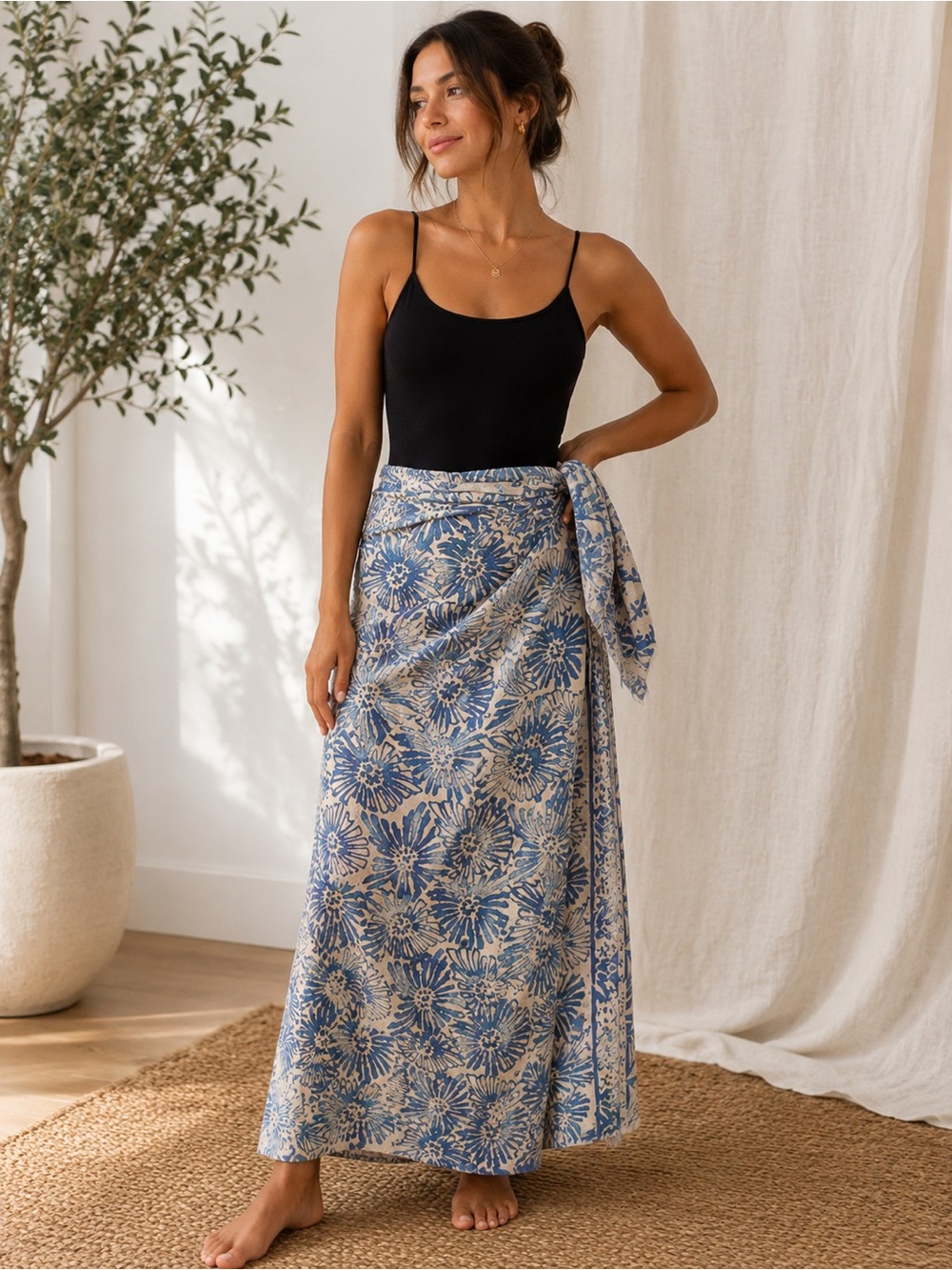 69) Boho Blue Floral Wrap Sarong Skirt Cover Up Beach Resort Midi Wrap. 120x46